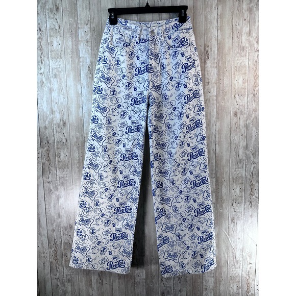 Shein Pepsi-Cola Women's Jeans Sz 25 White Blue Print High Waist Wide Leg Pants‎ - Picture 1 of 12